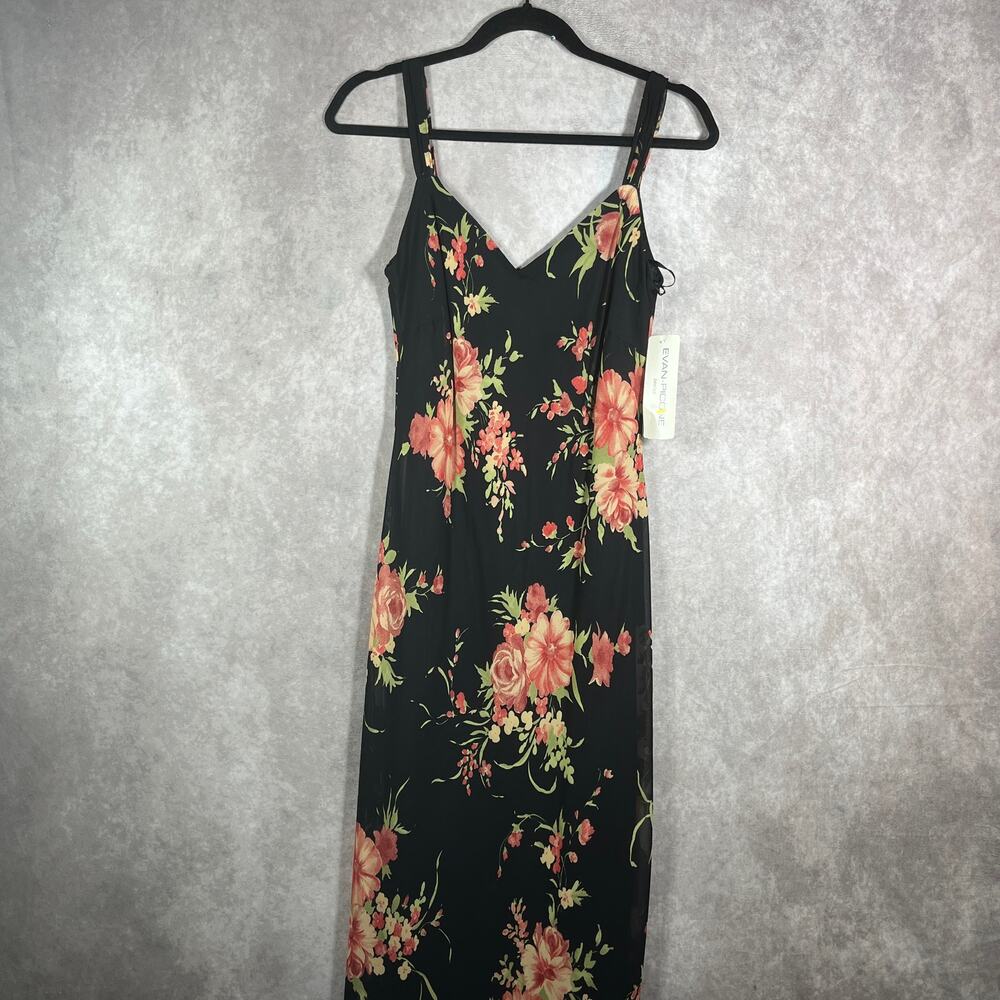 Evan Picone Maxi Dress 10 Black Floral Print Sleeveless V-Neck Dark Romantic NEW